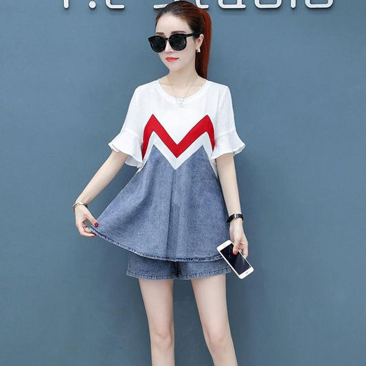 Casual Suit Women's Summer Denim Shorts Two-piece Round Neck Short-sleeved Top + Shorts Ladies Casual Suit Sweet and Cute