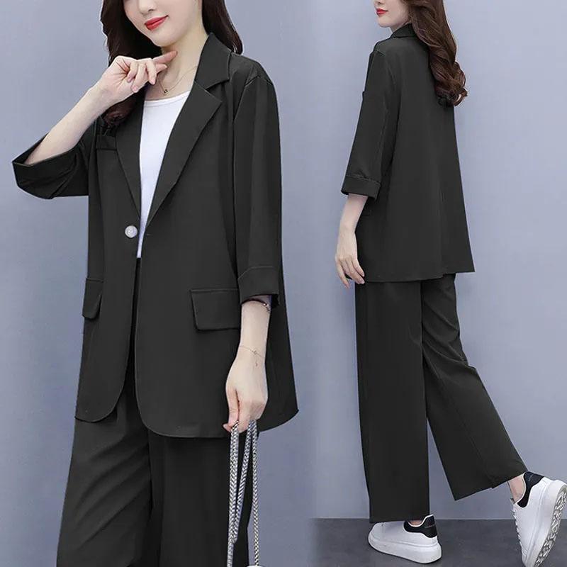 2PCS Women's Wide-leg Pants Suit Spring and Summer Korean Version Slim Suit Jacket + Loose Slit Trousers Two-piece Suit Casual Elegant Workplace Suit