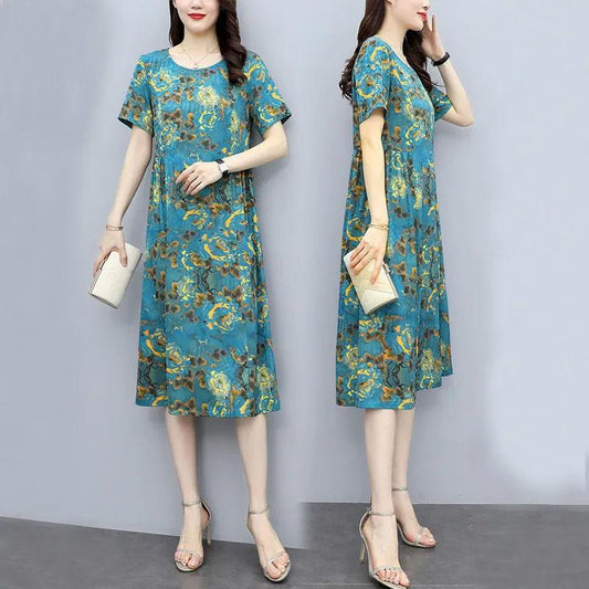 Summer Vintage Print Dress Women's Loose Large Size Short Sleeve Round Neck Dress Temperament Thin Mid-Length A-Line Skirt