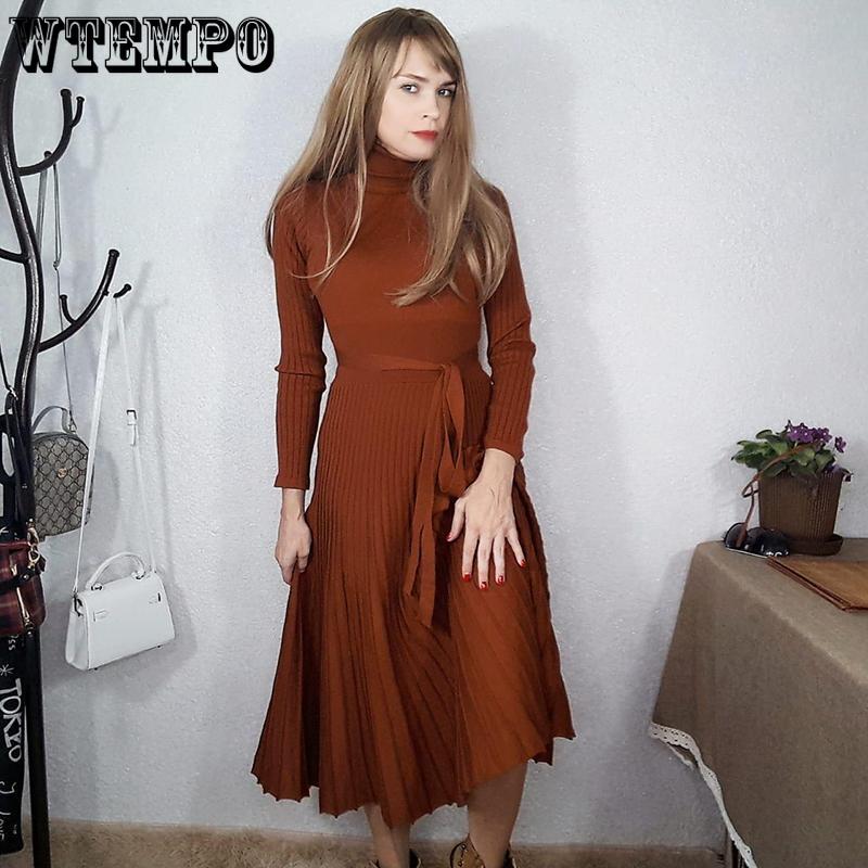 Turtleneck Sweater Elegant Long Sleeve Belt Dress Casual Women Knit Autumn Female Slim Long Dress