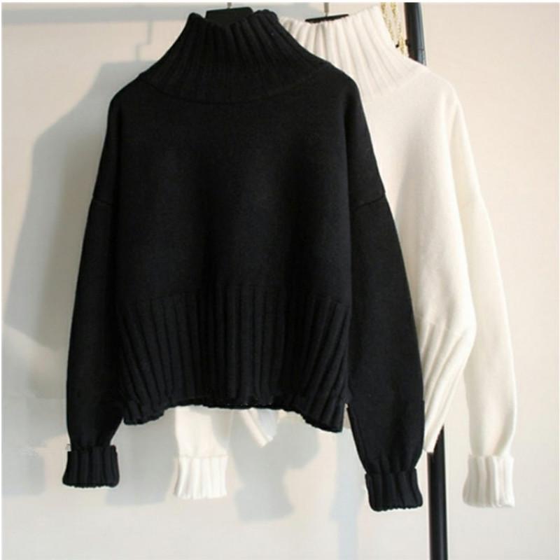 Podilove long-sleeve bottoming shirt white short section loose lazy wind turtleneck small fresh