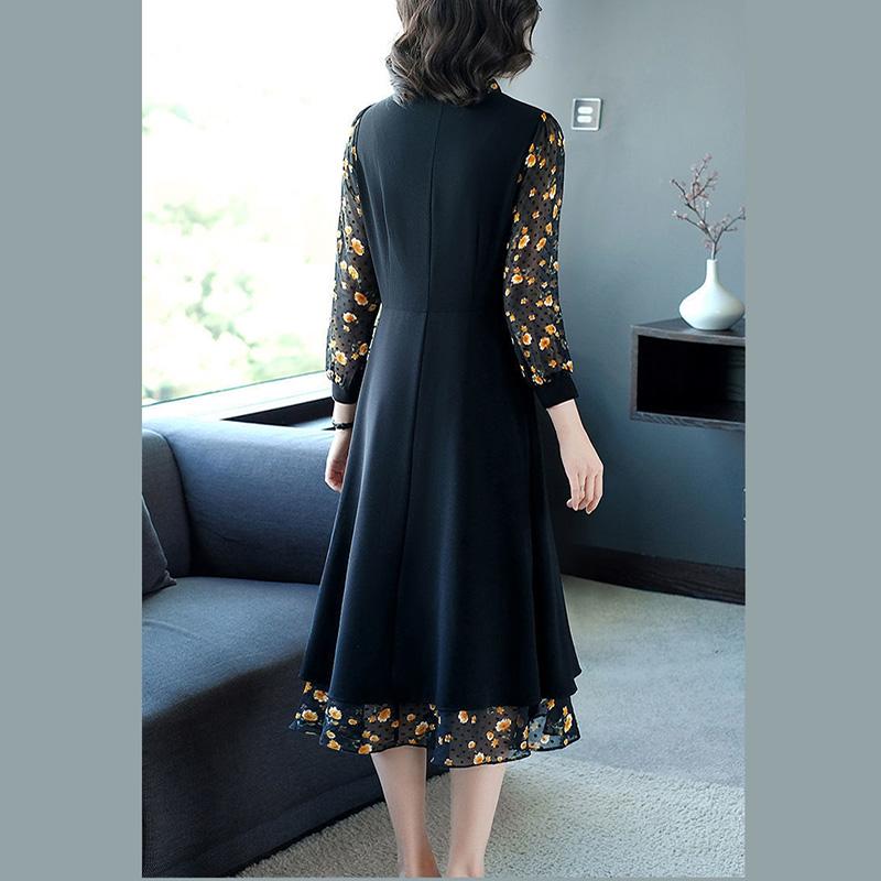 Large Size Women's Chiffon Stitching Fake Two-piece Dress Loose Casual Elegant Long Skirt Black Floral