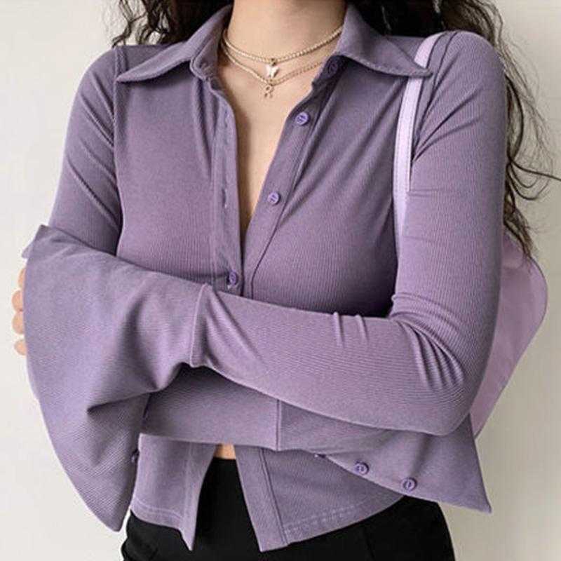 Flared-sleeve Shirt Polo Collar Lapel Five-color All-match Women's Slim Stretch Long-sleeved Top Women Shirts Blouses