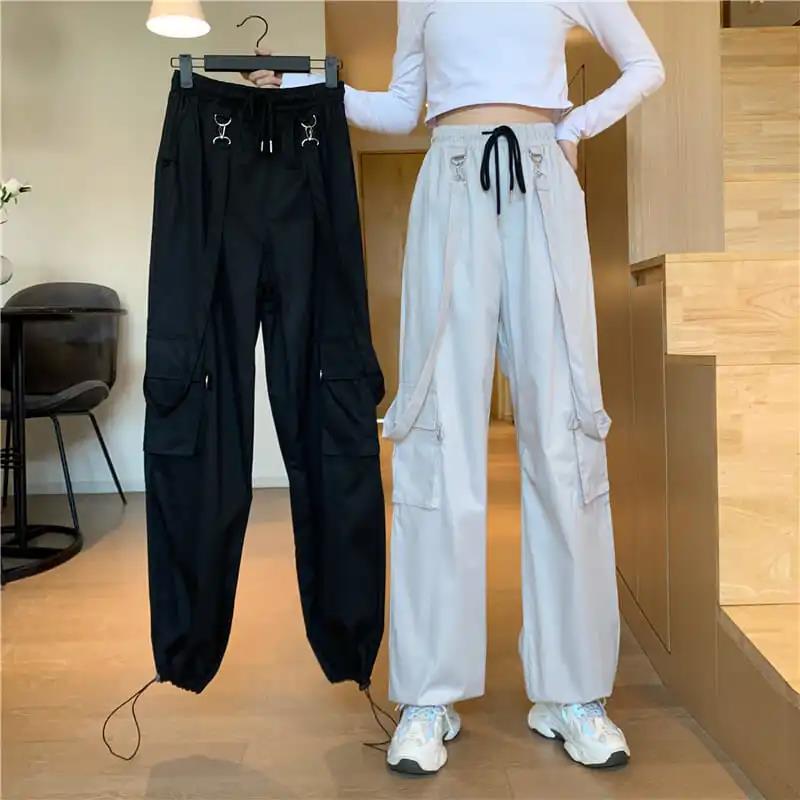 Korean Version of The Ins Tide Loose Straight High Waist Thin Black Handsome Overalls Female BF Strappy Casual Pants