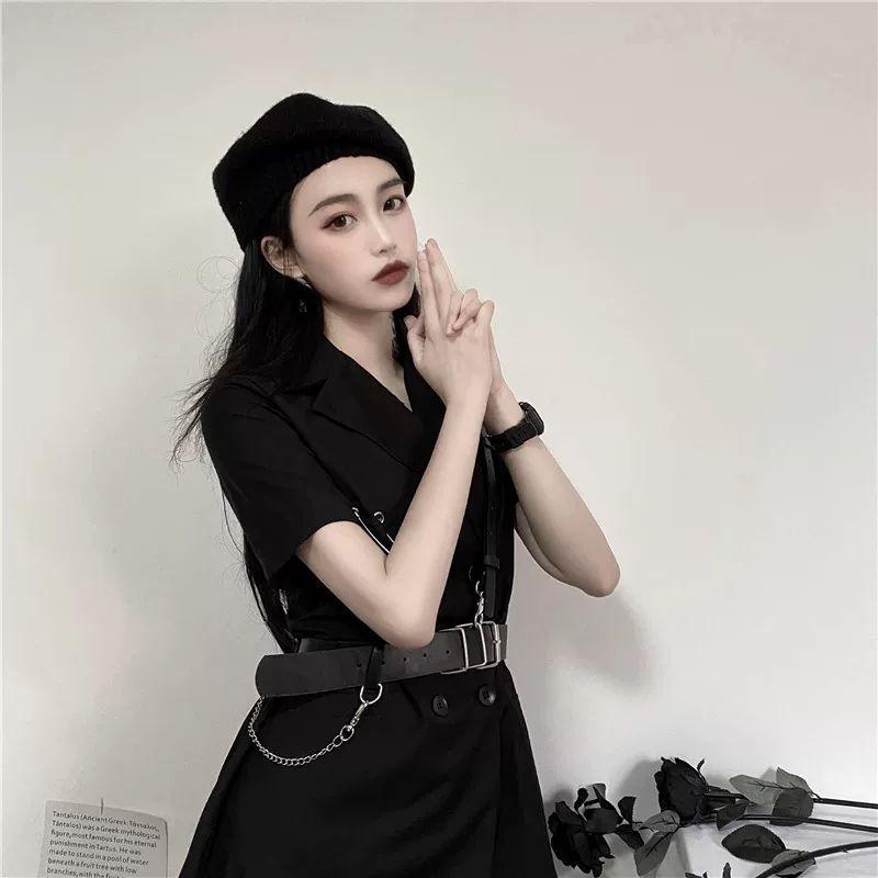 Cool Girl Black Belt Dress Women's Summer Dress Short Sleeve Turn-down Collar Knee-length Daily Wear Office Dating Party