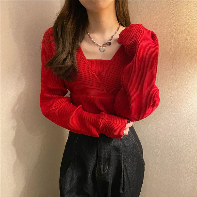 Sweater Women's Puff Sleeve Knitwear Fake Two Piece Square Neck Pullover Top Korean Loose Jumper Trendy Sweater Sexy