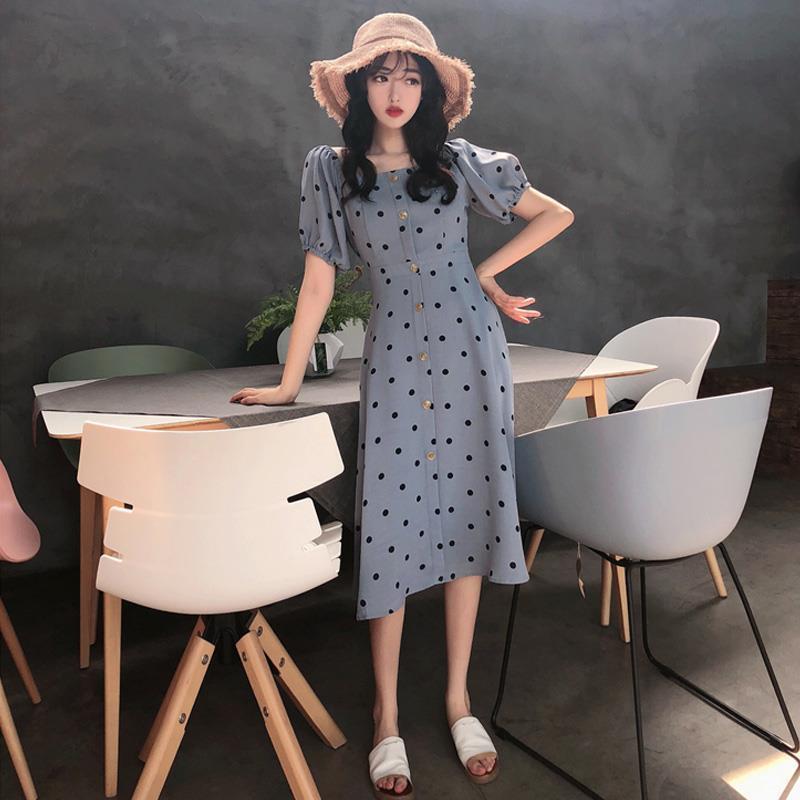 Chiffon Polka Dot Dress Women's Short  Sleeve Square Neck Daily Dating Party Office Wear A-line Sun-dress