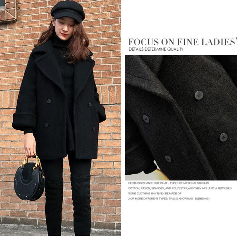 Loose Black Woolen Coat Mid-length Woolen Coat Autumn  Winter Thick Double-breasted Pea Coat