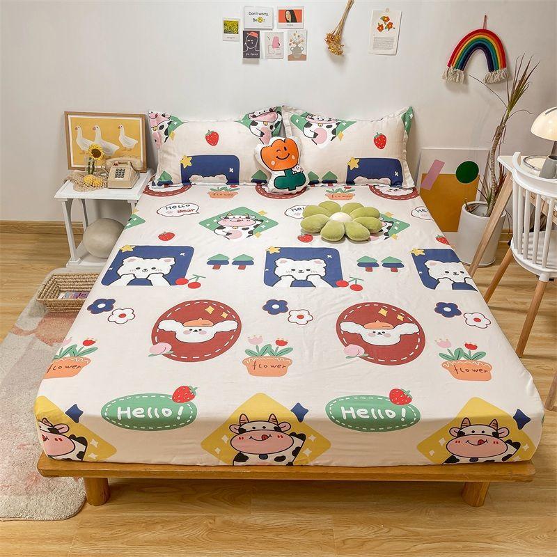 Three-piece Pillowcase with Thickened Non-slip Protective Cover Cotton Bedspread Mattress Cover Sheet