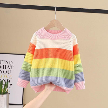 2021 Autumn and Winter New Children's Sweater Rainbow Stripe Girls Sweater Cashmere Fluffy Warm Knitted Sweater