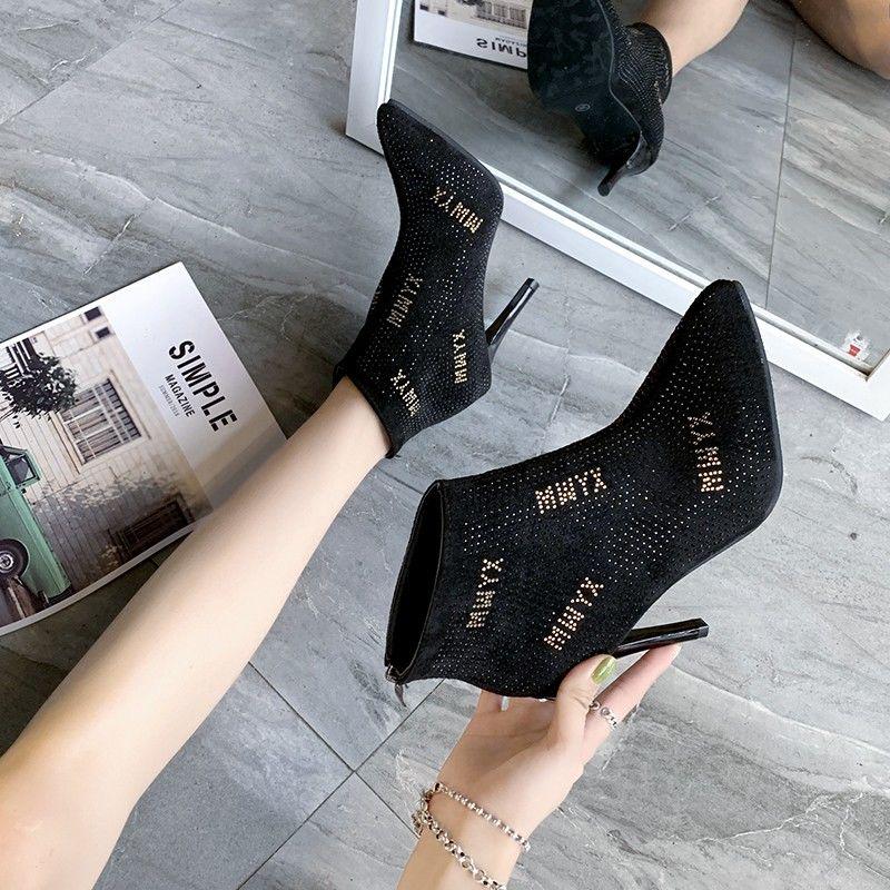 Ladies Zip High Heels Boots Women Pointed Toe Glittering Party Wedding Ankle Martin Boots Shoes
