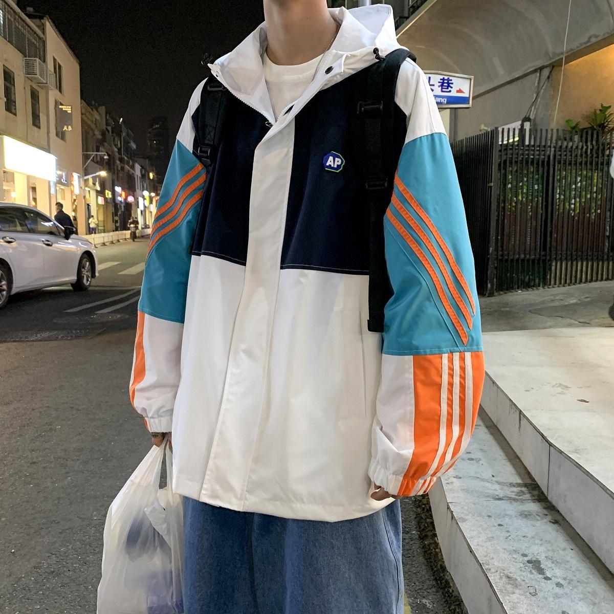 Three-bar Stitching Contrast Jacket Men's Spring Plus Fat Plus Size Jacket Loose Hooded Overalls