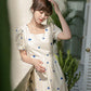 Female Summer Vintage Floral Print Square Neck High Waist Dress Slim Elegant Holiday A-line Dress
