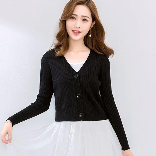 Spring and Autumn Knitted Cardigan Sweater Short Slim All-match Top Solid Color Long Sleeve Women's Jacket