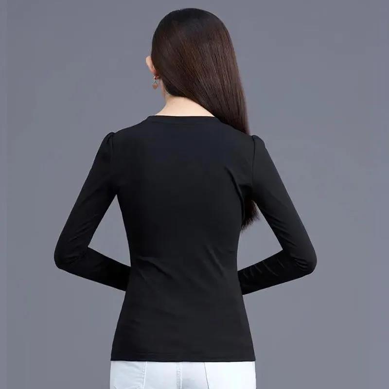 Women Slim T-Shirt Round neck Elastic Tops Long Sleeve Female Autumn Tops and Tees Short Casual Black T-shirts Pullover