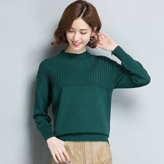 Sweater Women Solid Color Half High Collar Sweater Knitted Pullover  Bottom Edge Loose Sweater