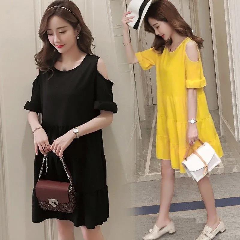 Women's Mid-length Loose Off-shoulder Round Neck Short-sleeved Dress Loose Simple Style Fabric Light and Breathable Comfortable Loose Dress