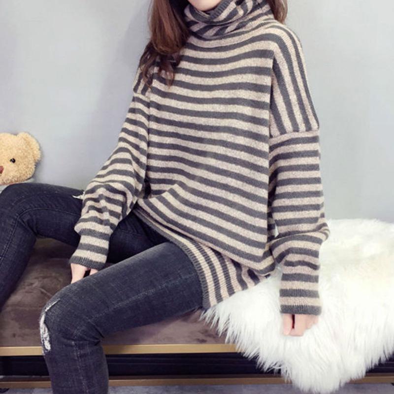 Pullover Lazy Striped Sweater Women Autumn and Winter Korean Knit Bottoming Shirt Loose Turtleneck Thick