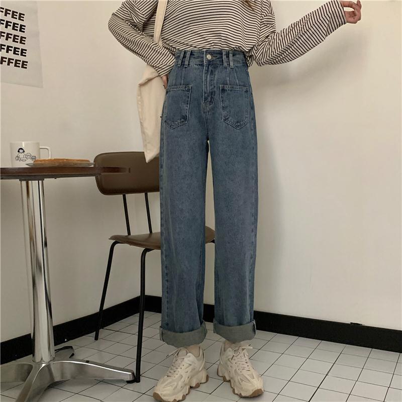 Wide Leg High Waist Hong Kong Flavor Jeans Female Korean Version Loose Spring and Autumn Retro Straight-leg Pants Trendy Thin and Wild High Trousers