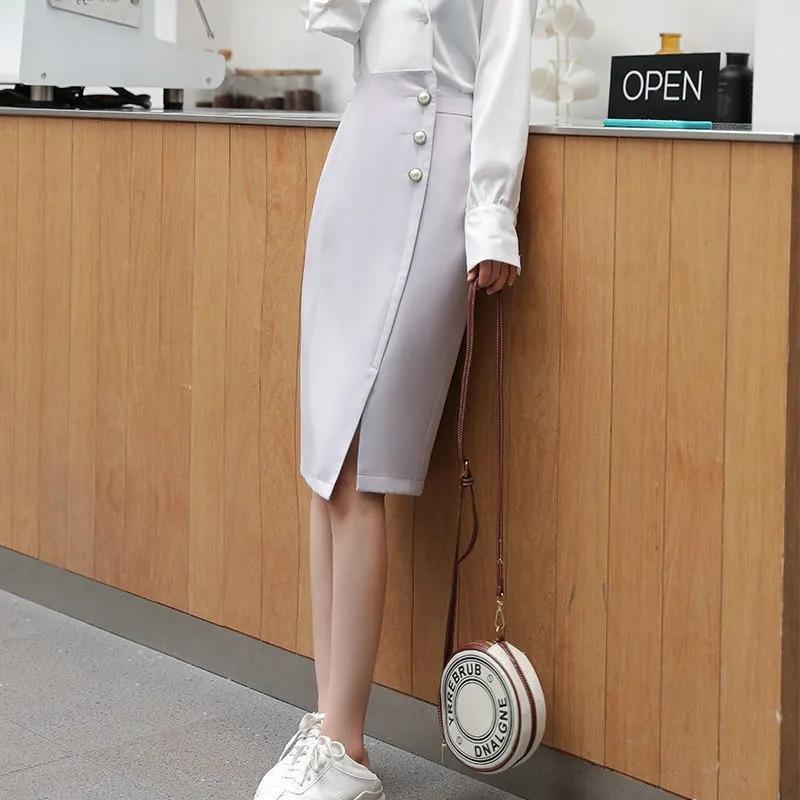 Irregular Chiffon Hip Skirt Beaded Button Women's Spring and Summer New High Waist Mid-length Skirt Split Black Professional Office Skirt