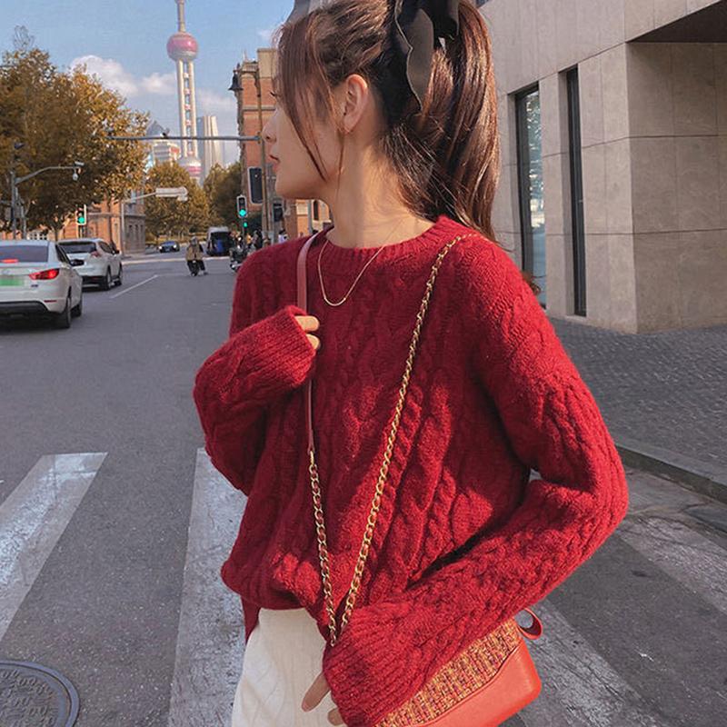 Thick Sweater Women Knitted Ribbed Pullover Sweater Long Sleeve Round Neck Jumper Soft Warm Autumn Winter