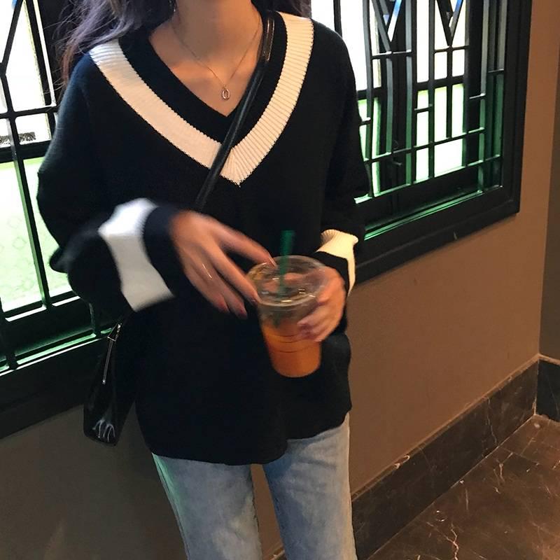 Pofulove V-neck Sweater Women Korean Loose Lazy College Style Pullover Knit Top Autumn Winter