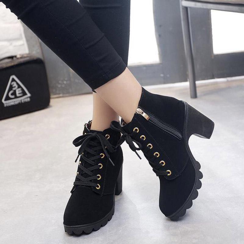 Winter Women Boots PU Leather Fashion High Heels Boots Women Lace-up Martin Shoes Woman