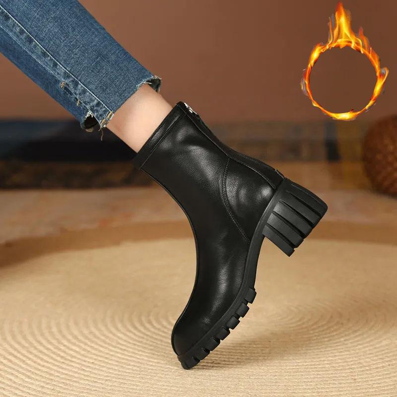 Martin Boots Woman Round Head Retro Boots Black Middle Boots Back Zipper Chelsea Boots Snow Boots Plus Velvet Warm Cotton Boots Winter Boots