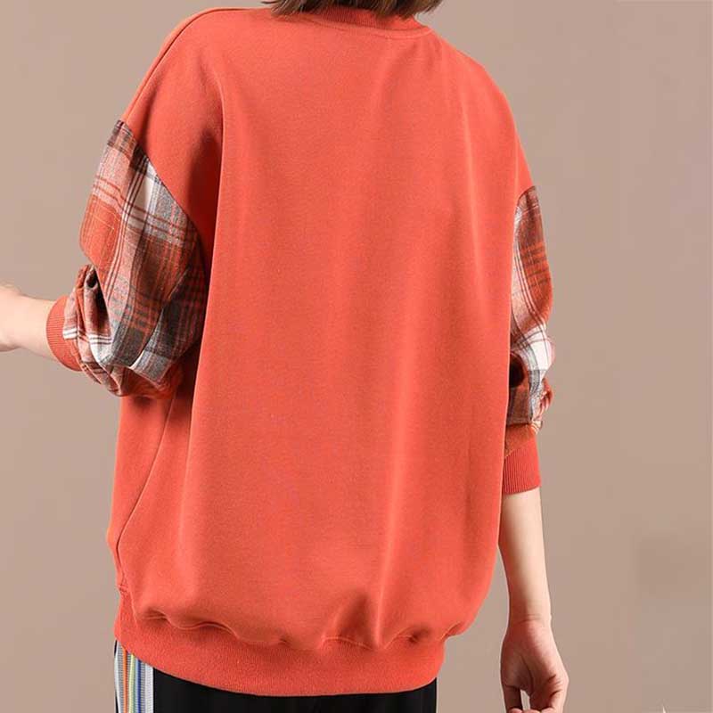 Sweatshirts Women's Spring and Autumn Large Size Loose V-neck Letter Printing Casual Plaid Stitching Long-sleeved Sweater