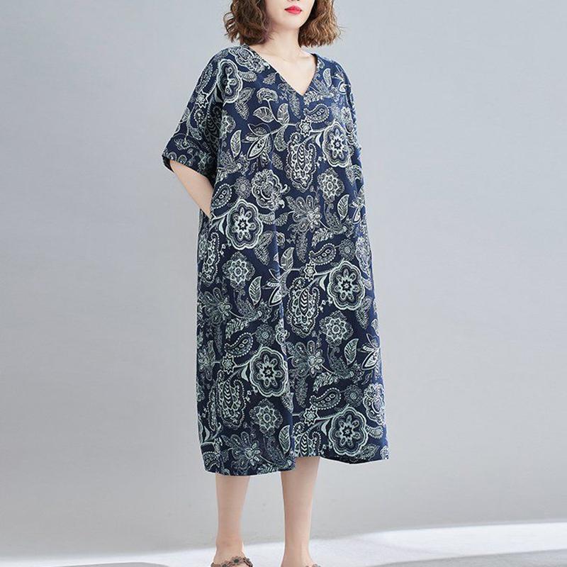 WTEMPO Plus Size Women Dress Summer V-neck Solid Color Long Dress Casual Mid-calf Length Print Dress