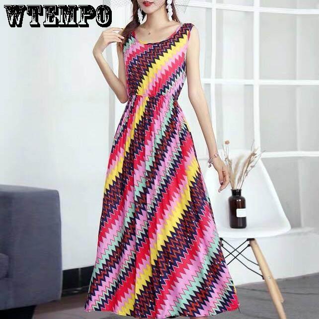 WTEMPO Fashion Summer National Style Floral Dress Seaside Holiday Dress Large Size Print Long Skirt