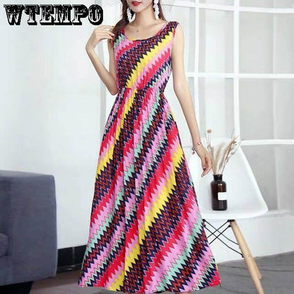 WTEMPO Fashion Summer National Style Floral Dress Seaside Holiday Dress Large Size Print Long Skirt