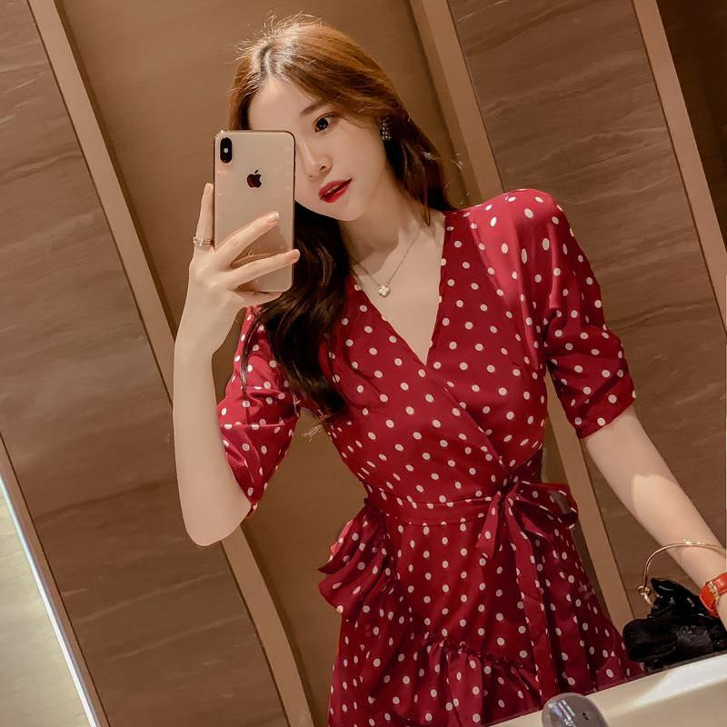 Ruffle Trim Sashes Women Summer Dress 3/4 Sleeves Dot Print Casual Dress Sweet A Line Mini Dresses