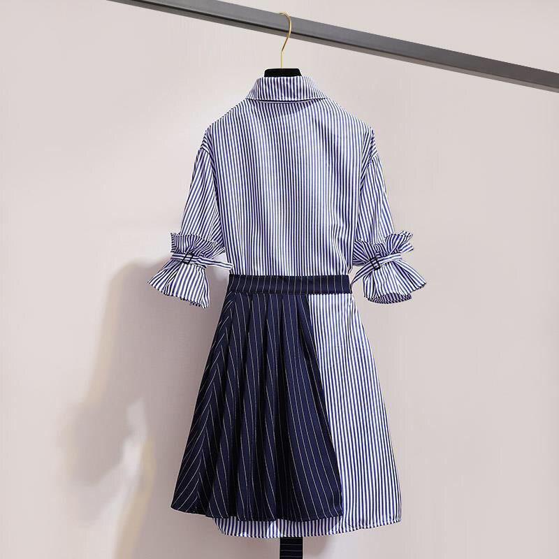 Women's Summer Dress Irregular Long-sleeved Shirt Dress Striped Shirt Dress for Work