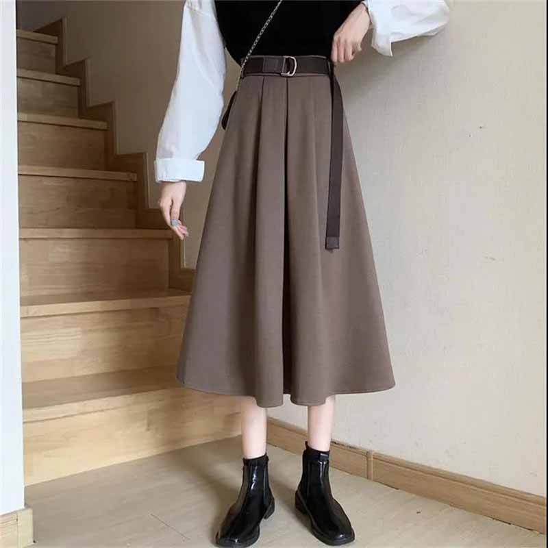 Autumn and Winter Belted Retro High Waist Slimming Korean Woolen A-line Mid-length Pleated Skirt