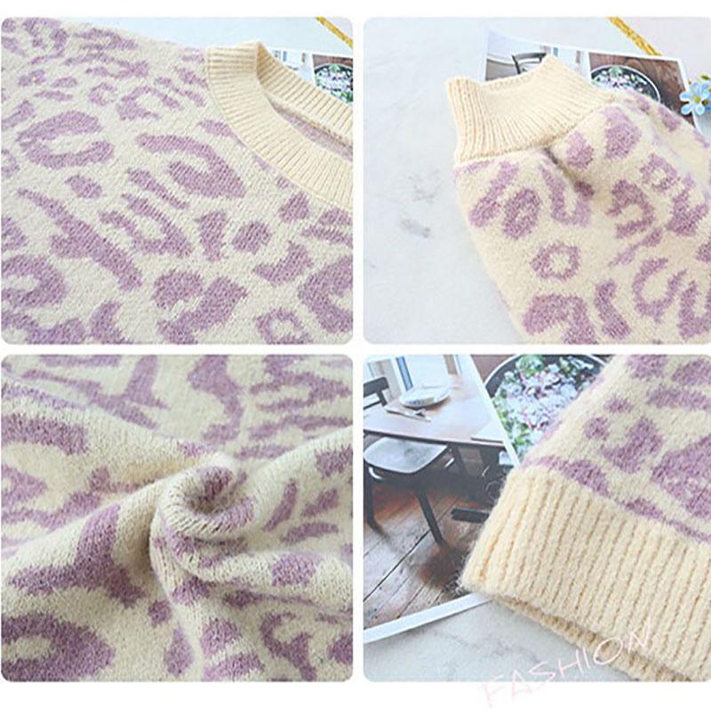 Autumn and Winter Ladies Sweater Leopard Print Knit Sweater, Oversized Casual Loose O Neck Knitwear Top