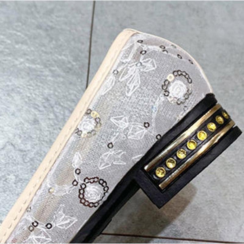 Women's Summer Cloth Shoes Flat Mesh Hollow Shoes Mid-heel Sandals