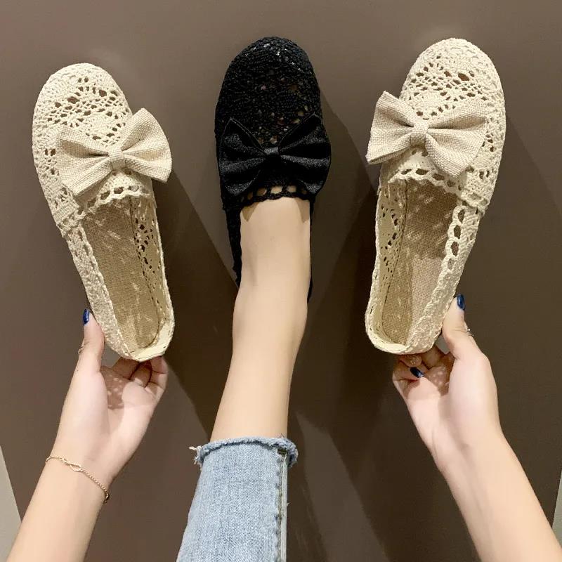 Knitted Hollow Shoes Breathable Cloth Shoes Tendon Soft Bottom Non-slip Peas Shoes Flat Casual Shoes Women's Shoes Loafers