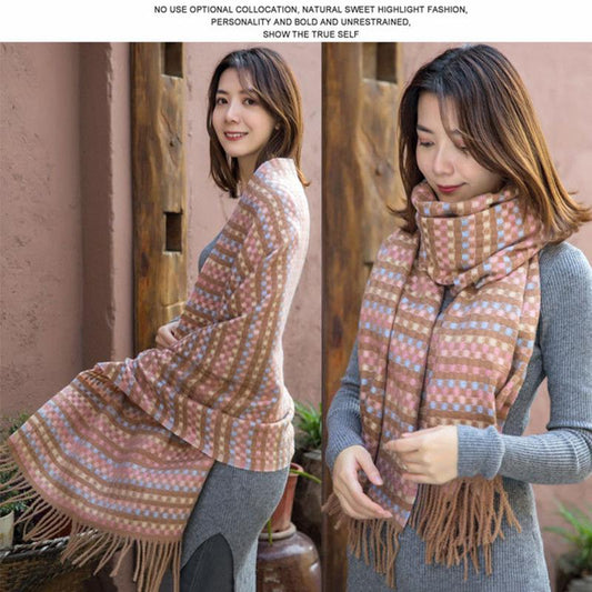 Women's Winter Long Warm Warm Fringed Plaid Dual-use Shawl Wild Collar Loose Shawl Comfortable Warm Fabric Soft
