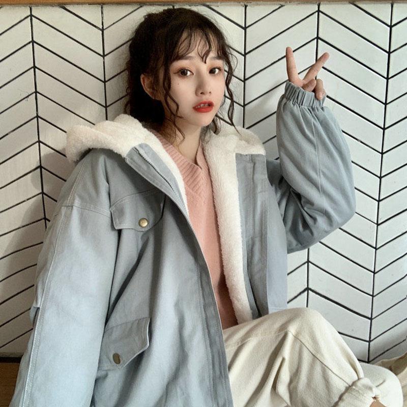 Autumn and Winter Imitation Lamb Wool Padded Coat Women Korean Style Ns Style All-match Coat Solid Color Hooded Women Coat