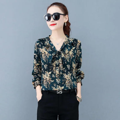 Women's Spring and Autumn Long Sleeve Chiffon Shirt Loose Floral Top