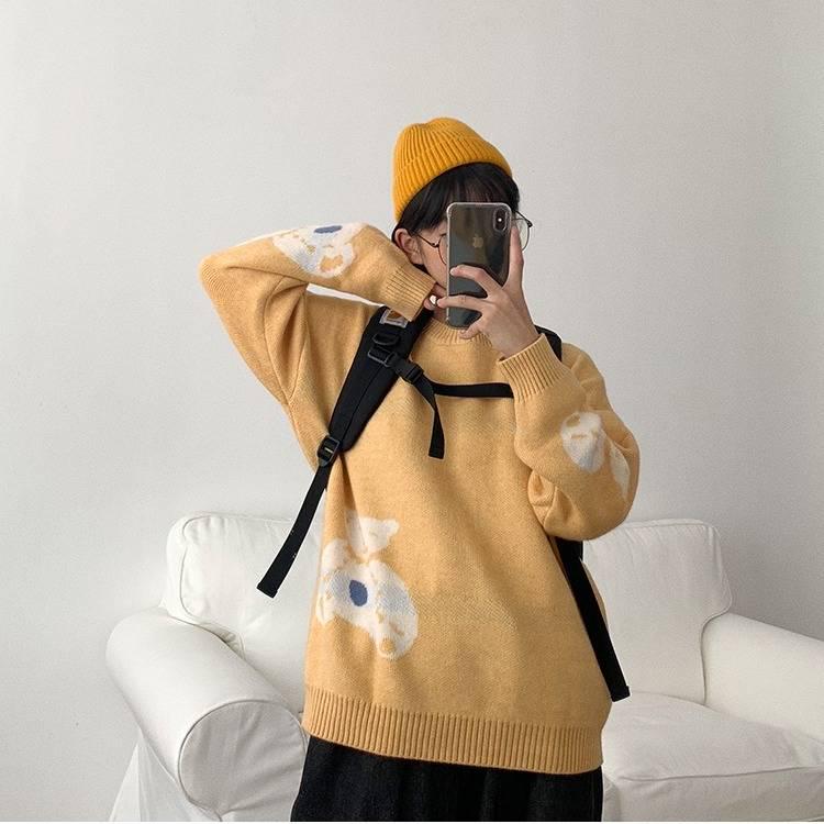 Pofulove Autumn Winter Japanese Sweet Cartoon Bear Sweater Female Students Loose Wild knitted Coat