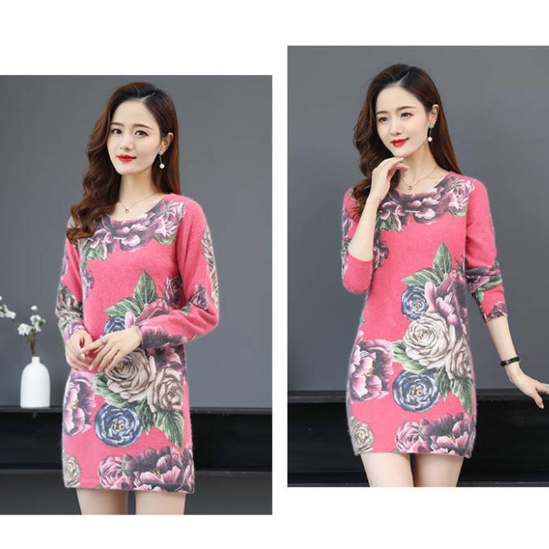 Pofulove Autumn and Winter New Women's Middle-aged Fashion Printed Round Neck Slim Dress Long