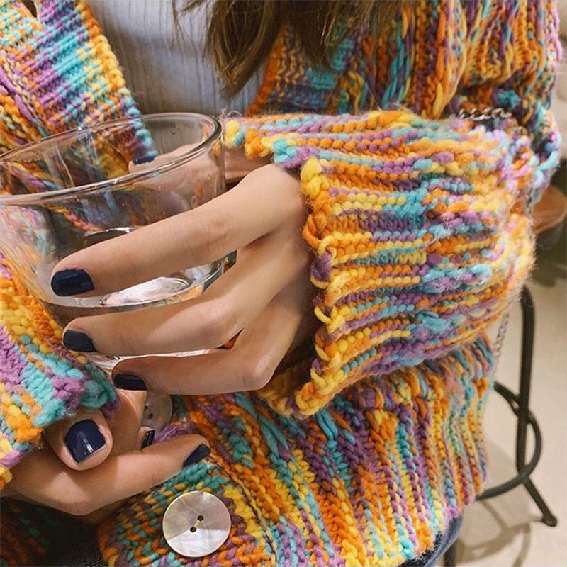 Spring and Autumn Rainbow Color Sweater Cardigan European and American Style Top Loose Casual Knitted Young Women's Jacket