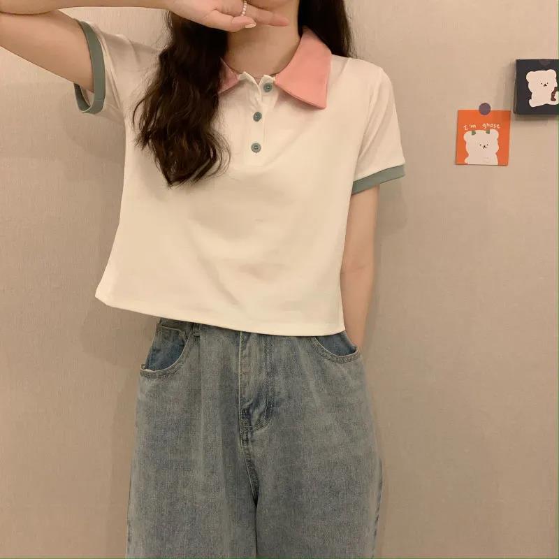 Women's Summer Short Sleeve T-Shirts Polo Collar Cropped Tops Women