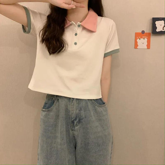 Women's Summer Short Sleeve T-Shirts Polo Collar Cropped Tops Women