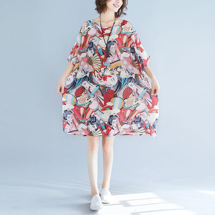 Printing  XL-XXXXXXL Summer Polyester Short-sleeved Knee-length A-line Dress