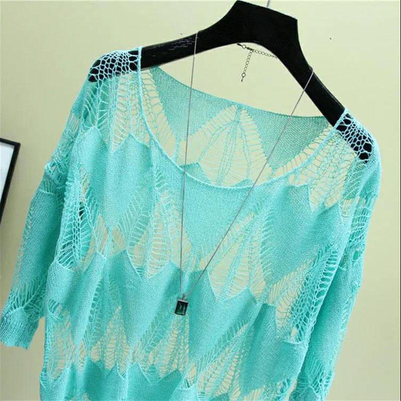Ice Silk Shirt Single-piece Hollow Sun Protection Top with Thin Knitted Sweater Loose Sweater Women's Hollow Light and Breathable