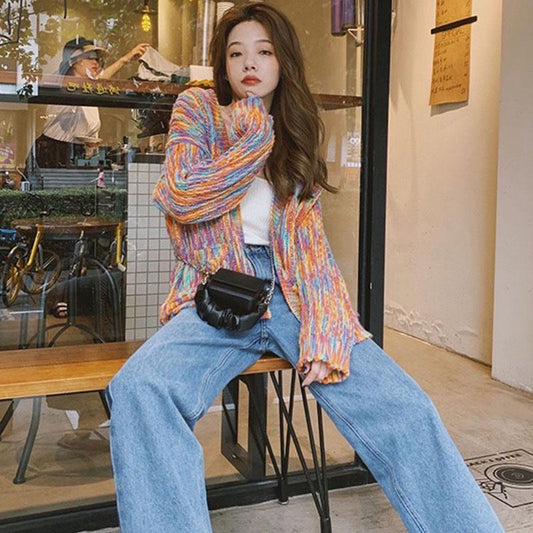 Spring and Autumn Rainbow Color Sweater Cardigan European and American Style Top Loose Casual Knitted Young Women's Jacket
