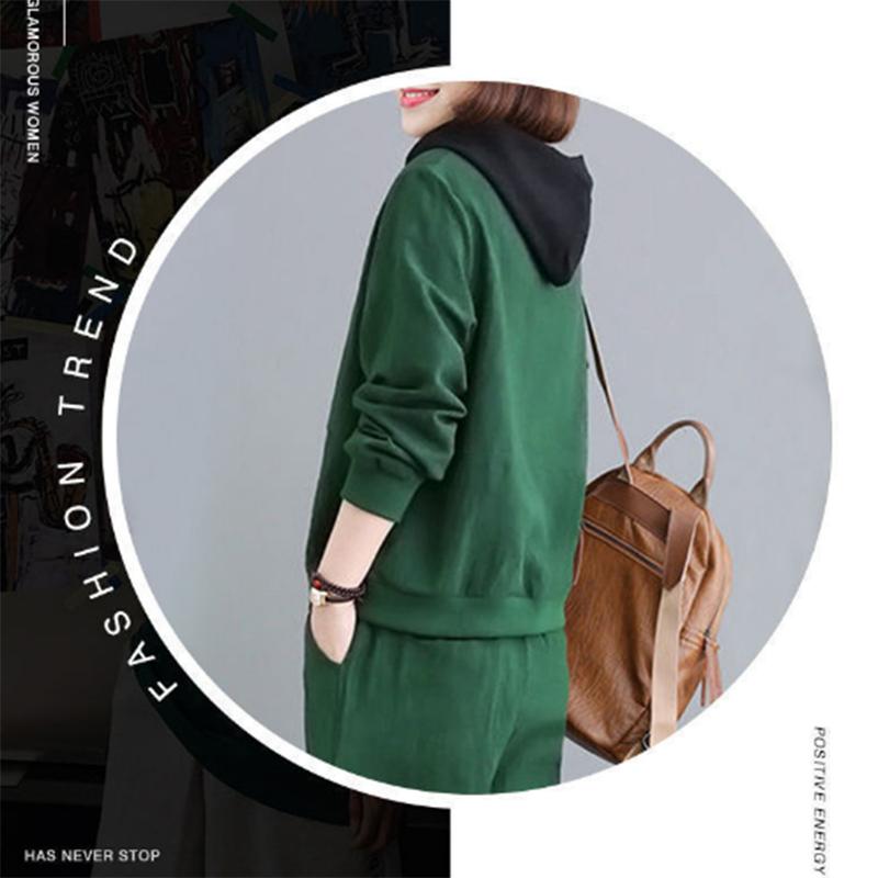 One Piece/suit Large Size Solid Color Sportswear Suit Women's Spring and Autumn Loose Hooded Pullover Two-piece Tide